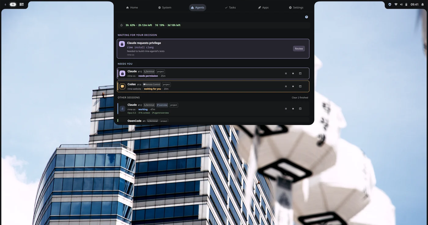 Rime OS's Agent Center: a privilege request waiting for a decision above Claude and Codex sessions that need attention, in the Dashboard's Agents tab